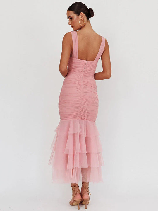 Heidi-Mode | Mesh Rückenfreies Sexy Maxikleid für Frauen Gown mit Lagen Spaghetti-Trägern Ärmellos Gerafftes Bodycon Club Party Kleid