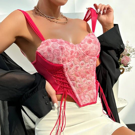 Heidi-Mode | Pink Floral Crop Top Schnür Sexy Korsett Top Sommer Romantisch Rückenfrei Tank Tops Weste Frauen Weste Gecröpft Cami Top Festival Tank