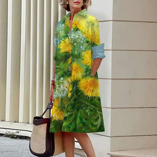 Heidi-Mode | Damen Elegante Hemdblusenkleider Herbstmode Blumen Lange Ärmel Lockere A-Linien Kleider Frauen Büro Damen Rote Grüne Revers Kleider