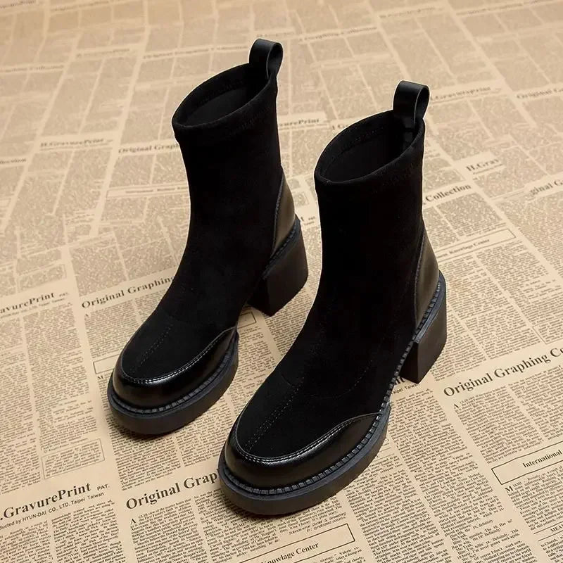 Heidi-Mode | Maogu Black Damen Kurze Knöchelschuhe Strumpfstiefel Kampfstiefel Hohe Absätze Wildleder Absätze Herbststiefel Slip-On Schuhe für Damen