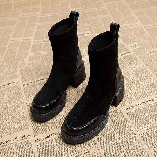 Heidi-Mode | Maogu Black Damen Kurze Knöchelschuhe Strumpfstiefel Kampfstiefel Hohe Absätze Wildleder Absätze Herbststiefel Slip-On Schuhe für Damen