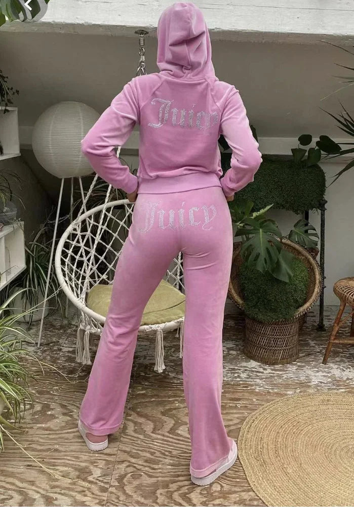 Heidi-Mode | Velours Trainingsanzug Frauen Langarm Hoodie Juicy Bling Shine Tops und Hose Zweiteilig Diamant Logo Druck Lässige Workout Kleidung