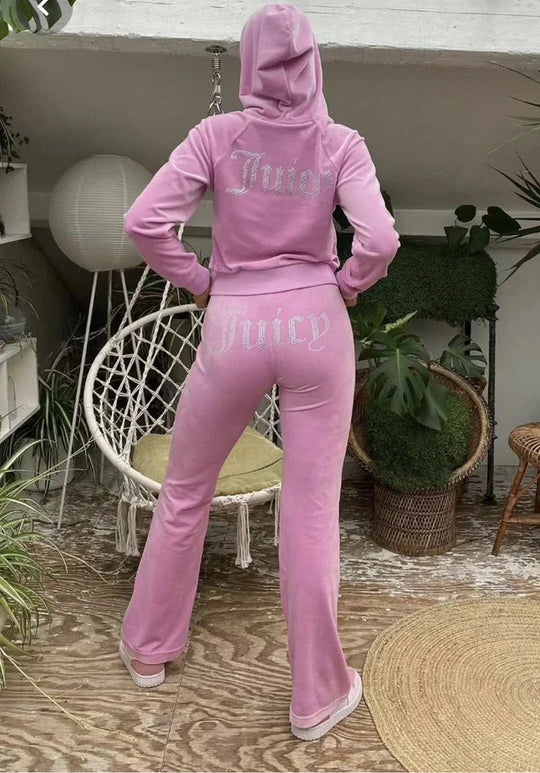 Heidi-Mode | Velours Trainingsanzug Frauen Langarm Hoodie Juicy Bling Shine Tops und Hose Zweiteilig Diamant Logo Druck Lässige Workout Kleidung