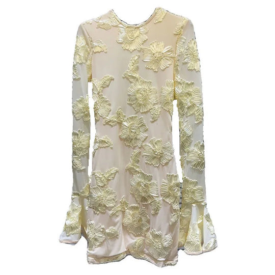 Heidi-Mode | Herbstmode Trendy Frauen'S Stickerei Blume Rücken Hollow Out Kleid O-Ausschnitt Flare Ärmel Kleider Female