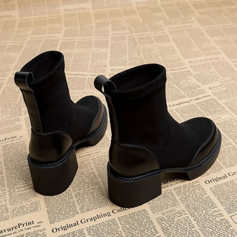 Heidi-Mode | Kurze Schuhe für Frauen Schwarze Damen Absatzstiefeletten Sockenschuhe Kampfstiefel Sehr Hohe Absätze Wildleder Punk Stil Stiefel Herbststiefel