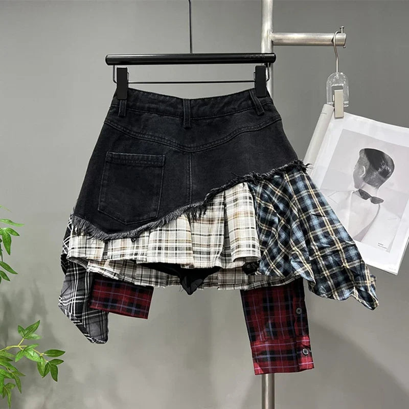 Heidi-Mode | Jahrgang Unregelmäßig Patchwork Kariert Röcke Denim Kurz für Frauen Hohe Taille Eingewickelt Hüfte Mini Rock Sommer Weiblich