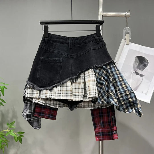 Heidi-Mode | Jahrgang Unregelmäßig Patchwork Kariert Röcke Denim Kurz für Frauen Hohe Taille Eingewickelt Hüfte Mini Rock Sommer Weiblich