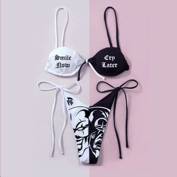 Heidi-Mode | Sexy Goth Bikini Frauen Buchstaben Totenkopf Druck Badeanzug Split Badeanzug Hohe Taille Gotische Bikini Set Strandoutfits