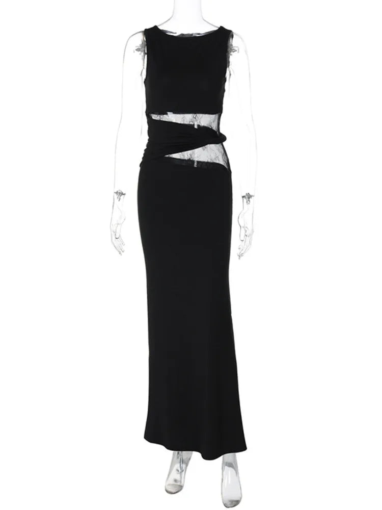 Heidi-Mode | Transparente Spitze Ohne Ärmel Sexy Maxi Kleid für Frauen Gown Sommer Patchwork Mode O-Ausschnitt Bodycon Lange Tank Kleid Vestido