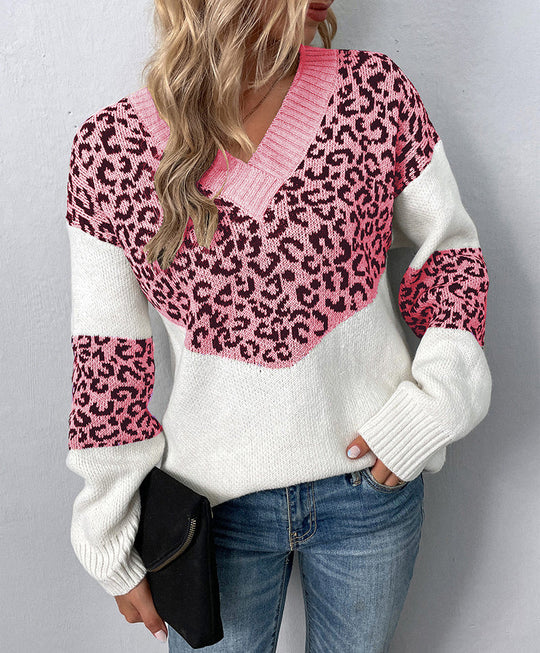 Heidi-Mode | Sweater Damen Leopard V-Ausschnitt Sweater