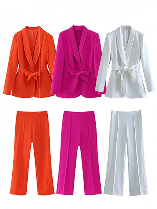 Heidi-Mode | Damen Legere Blaue Jacke Schicker Oberbekleidung Elegante Flared Hosen Lange Ärmel V-Ausschnitt Gürtel Büro Pendler Anzug Set