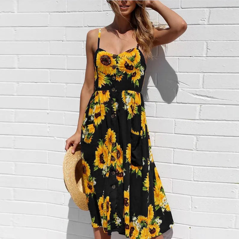 Heidi-Mode | Sexy Midi Elegante Sommerkleider Damen mit Stranddruck
