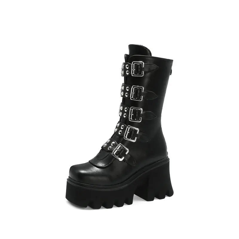 Heidi-Mode | Gothic Schuhe Frauen Schwarz Hochstiefel Weiblich Hohe Absatz Frauen Combat Punk Chunky Dame