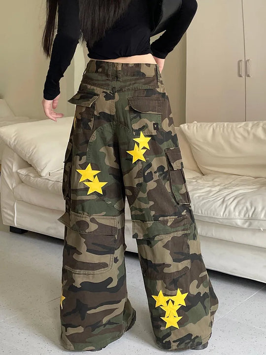 Heidi-Mode | Y2K Kleidung Frau Stern Stickerei Camouflage Baggy Jeans Cargo Hosen für Frauen Kleidung Breite Bein Damen Neu Rock Lange Hosen