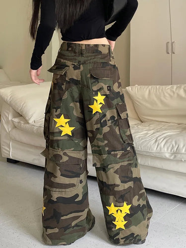 Heidi-Mode | Y2K Kleidung Frau Stern Stickerei Camouflage Baggy Jeans Cargo Hosen für Frauen Kleidung Breite Bein Damen Neu Rock Lange Hosen