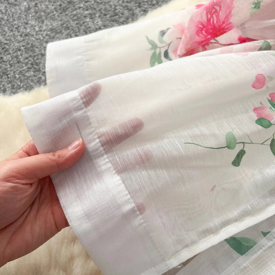 Heidi-Mode | Frühling Ferien Schöne Blume Organza Kleid Frauen Laterne Langarm Perle Knopf Blumenmuster Gürtel Schnürung Boho Vestido