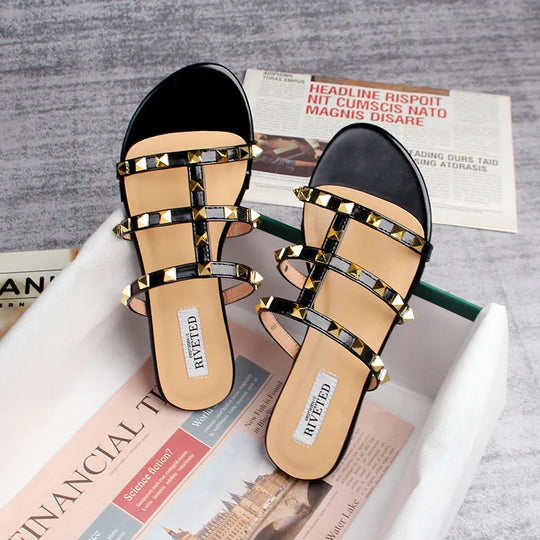 Heidi-Mode | Sommer Frauen Sandalen Damen Freizeit Slipper Flache Schuhe Einfache Stil Mode Nieten Design Gehen und Shoppen Große Größen