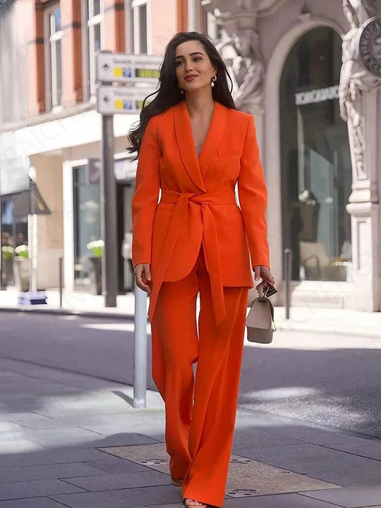 Heidi-Mode | Damen Legere Blaue Jacke Schicker Oberbekleidung Elegante Flared Hosen Lange Ärmel V-Ausschnitt Gürtel Büro Pendler Anzug Set