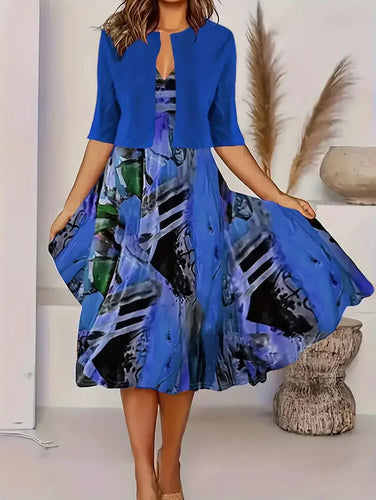 Heidi-Mode | Herbst Neu Frauen Lang Crewneck Gedruckt Kleid Kurz Nadel Zu Teils Strickjacke Kurz Mantel