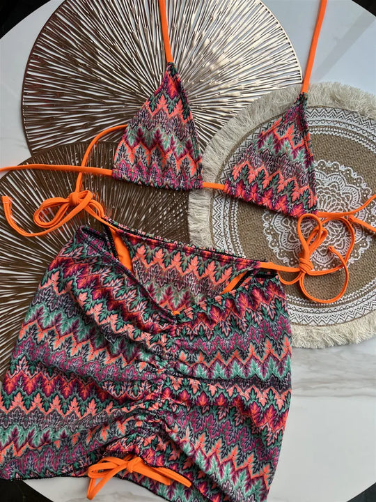 Heidi-Mode | Damen Schwimmbekleidung Farbige Ahornblätter Gestrickter Bikini Rock Dreiteiliges Set Geschnittene Schwimmbekleidung Bikini