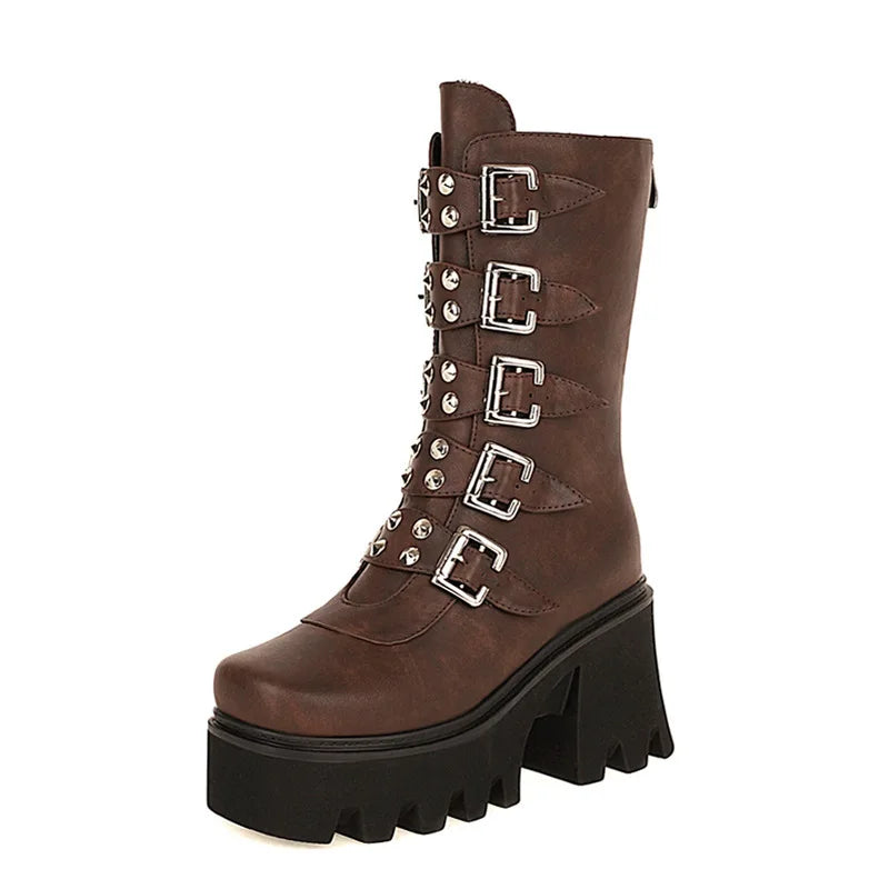 Heidi-Mode | Gothic Schuhe Frauen Schwarz Hochstiefel Weiblich Hohe Absatz Frauen Combat Punk Chunky Dame