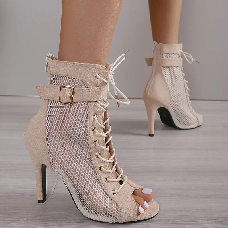 Heidi-Mode | Sandalen Höhle Mesh Absätze Gürtel Schnalle Damen Sommer Beige Schnürsenkel Sexy Offene Zehe Stiletto Jazz Tanz Fest Damenschuhe