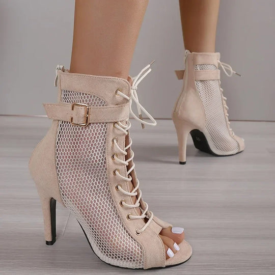 Heidi-Mode | Sandalen Höhle Mesh Absätze Gürtel Schnalle Damen Sommer Beige Schnürsenkel Sexy Offene Zehe Stiletto Jazz Tanz Fest Damenschuhe