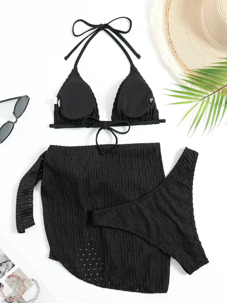 Heidi-Mode | Neu 3 Teile Set Bademode Frauen Thong Bademode Sexy Mikro Bikini Set mit Sarong Rock Weiß Strandmode Badehose Pink
