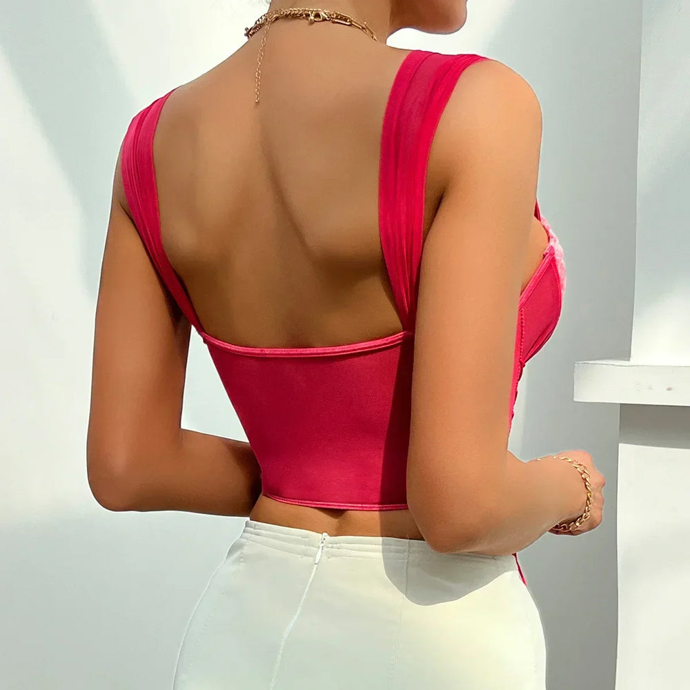 Heidi-Mode | Pink Floral Crop Top Schnür Sexy Korsett Top Sommer Romantisch Rückenfrei Tank Tops Weste Frauen Weste Gecröpft Cami Top Festival Tank