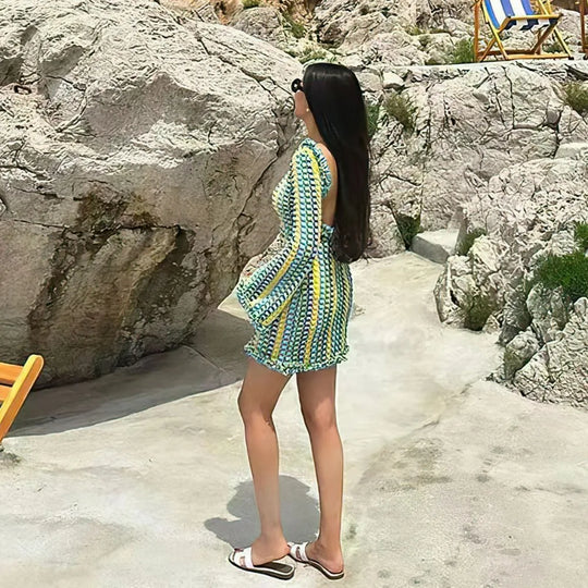 Heidi-Mode | Rückenfreie Gestreifte Strandkleid Frauen Mode Hohle Mini Boho Kleid Sommer Elegant Farbig Langärmlig Bikini Abdeckung
