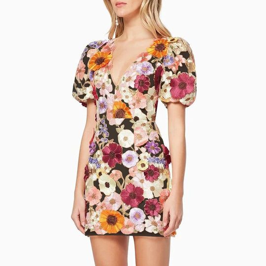 Heidi-Mode | Runway Frühling/Sommer Neu Mesh 3D Blumenstickerei Perspektiv Abend Prom Kleid Frauen Urlaub Robe Vestido Fest