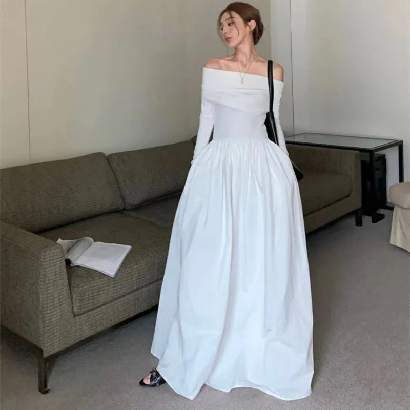 Heidi-Mode | Schwarz Elegant Slash Neck Lange Kleid Frauen Y2K Frühling Koreanisch Sexy Off Shoulder Lange Ärmel Kleid Mode Alle Match Festkleider