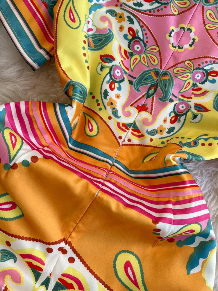 Heidi-Mode | Sommermode Designer Kleid Damen O-Ausschnitt Kurze Ärmel Blumenmuster Streifen Vintage Gürtel Schnürung Unregelmäßige Midi Kleider