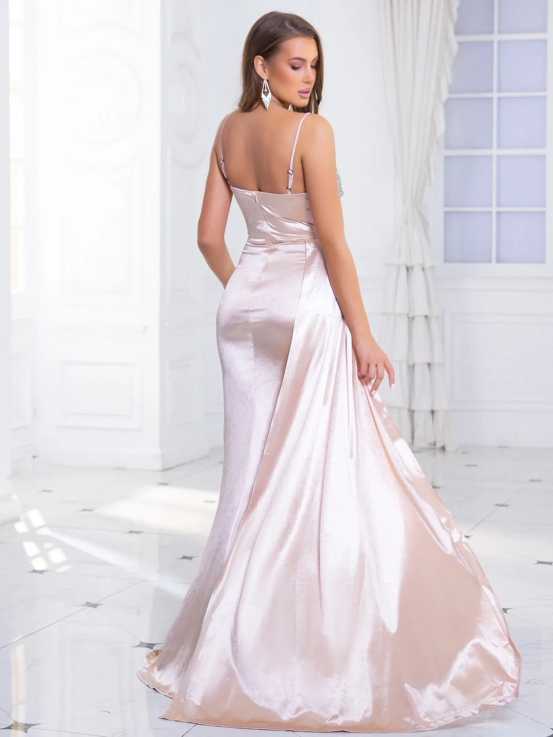 Heidi-Mode | Satin Strass Büste Seiten Schleppe Split Kleider