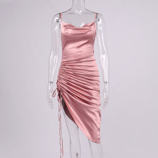 Heidi-Mode | Satin Ärmelloses Rüschen Drawstring Midi Kleider
