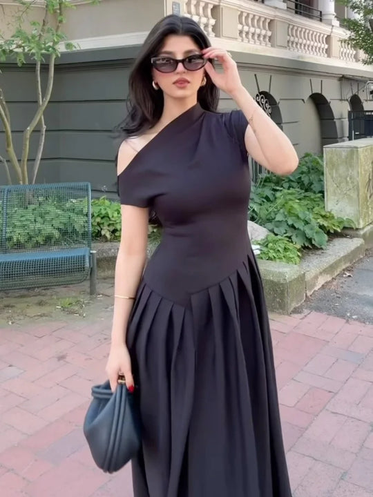 Heidi-Mode | Chic Off Shoulder Unregelmäßiger Hals Frauen Kleid Elegante Hohe Taille A-Linie Saum Plissierte Midi Kleider Neu Sommer Damen Pendelrobe