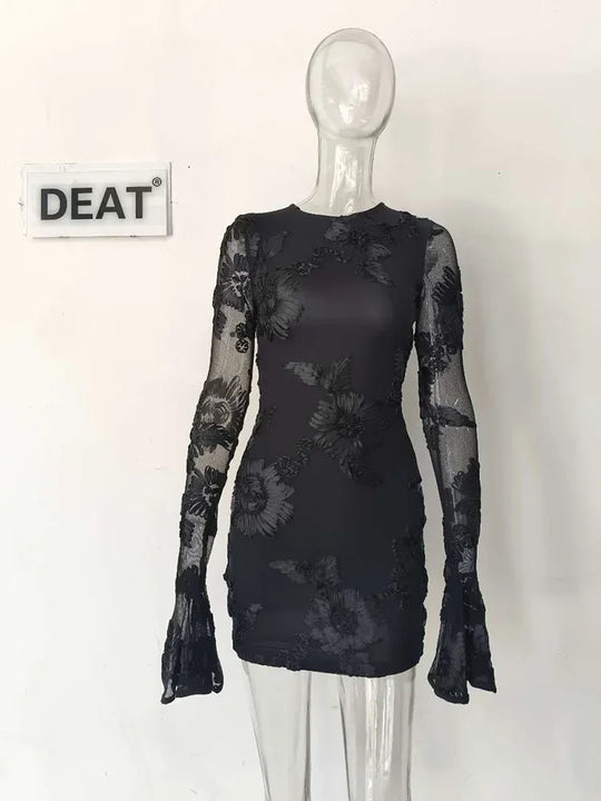 Heidi-Mode | Mode Damen Stickerei Blume Rücken Hohle aus Kleid Frühling Trendy O-Ausschnitt Flare Ärmel Kleider Weiblich