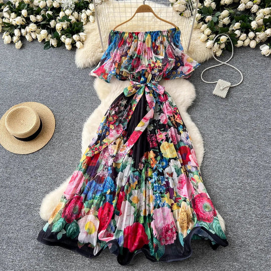 Heidi-Mode | Sommer Off Shoulder Schöne Blume Ferien Kleid Damen Slash Hals Volants Batwing Ärmel Print Lässig A-Linie Strand Kleider