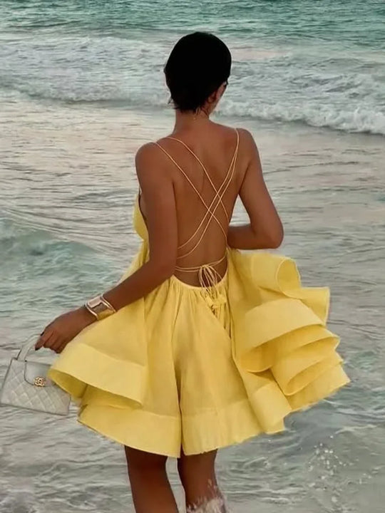 Heidi-Mode | Elegante Gelbe Plissierte A-Linie Mini Kleid Frauen Sexy Ohne Ärmel Offener Rücken Schnürkleider Sommer Damen Urlaub Strand Kleider