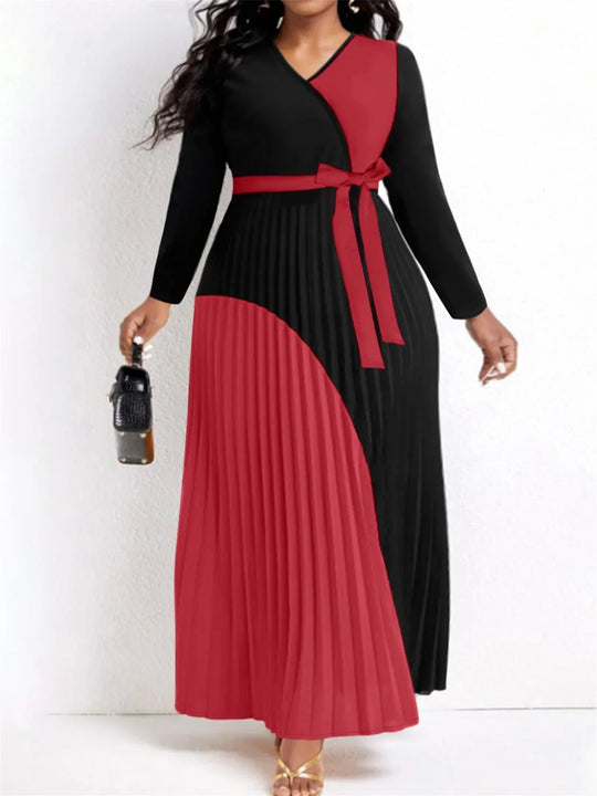 Heidi-Mode | Elegante Herbst Maxi Kleider Bandage Design Geschichteter Plisseefalten A-Linie Kleid Gürtelträger Lange Ärmel V-Ausschnitt Fließendes Patchwork Vestidos