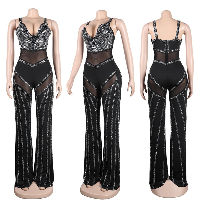 Heidi-Mode | Diamanten Netz Rückenfreies Schlaghose Overall