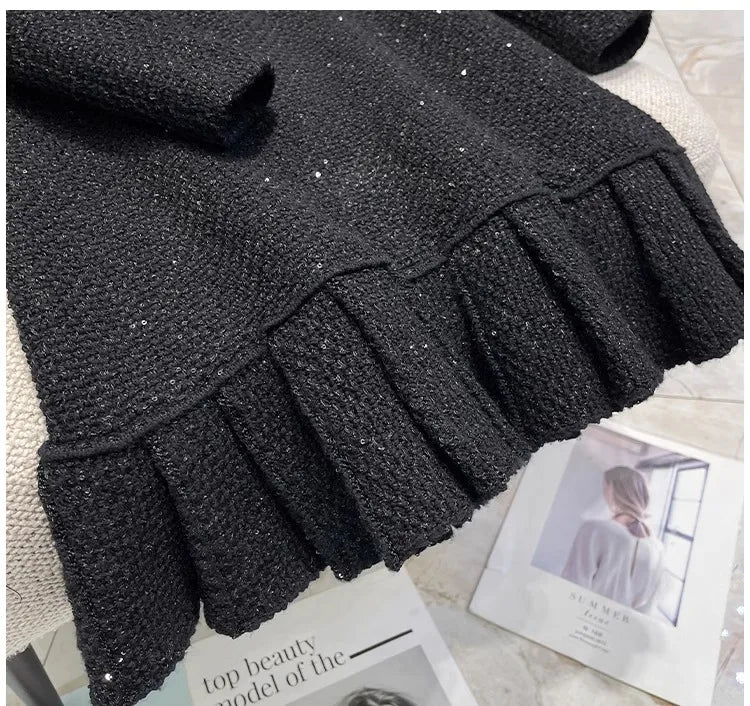 Heidi-Mode | Elegante Luxus Kleine Duft Strickkleid Frauen Pailletten Perlen Knöpfe Trendy Taille Auf Schlank Mini Kleider Frühling Herbst Neu