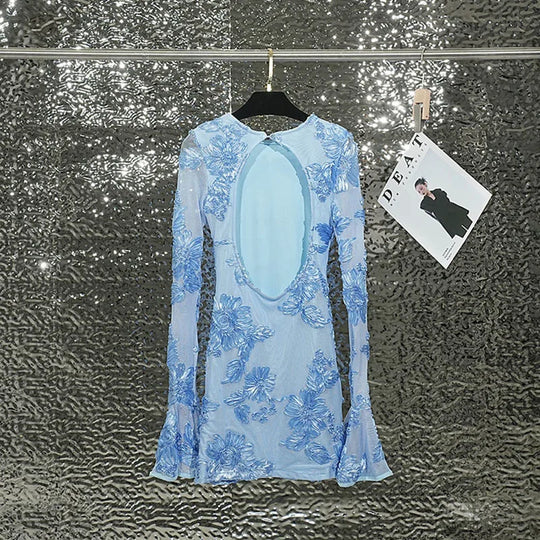 Heidi-Mode | Herbstmode Trendy Frauen'S Stickerei Blume Rücken Hollow Out Kleid O-Ausschnitt Flare Ärmel Kleider Female