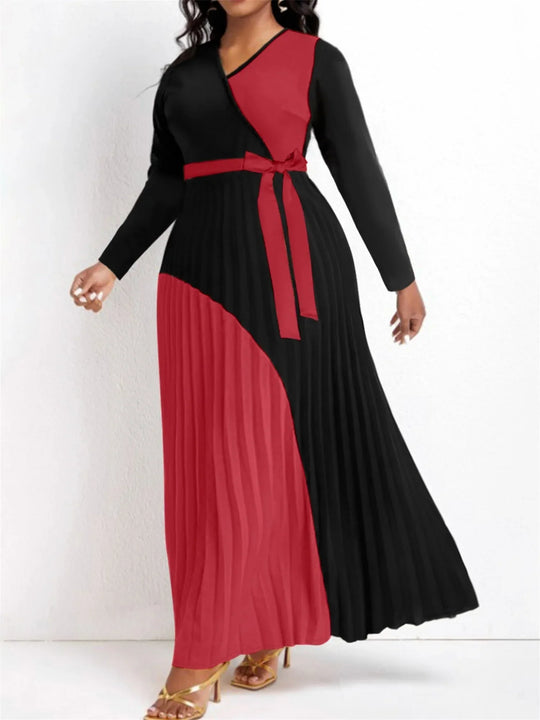 Heidi-Mode | Elegante Herbst Maxi Kleider Bandage Design Geschichteter Plisseefalten A-Linie Kleid Gürtelträger Lange Ärmel V-Ausschnitt Fließendes Patchwork Vestidos