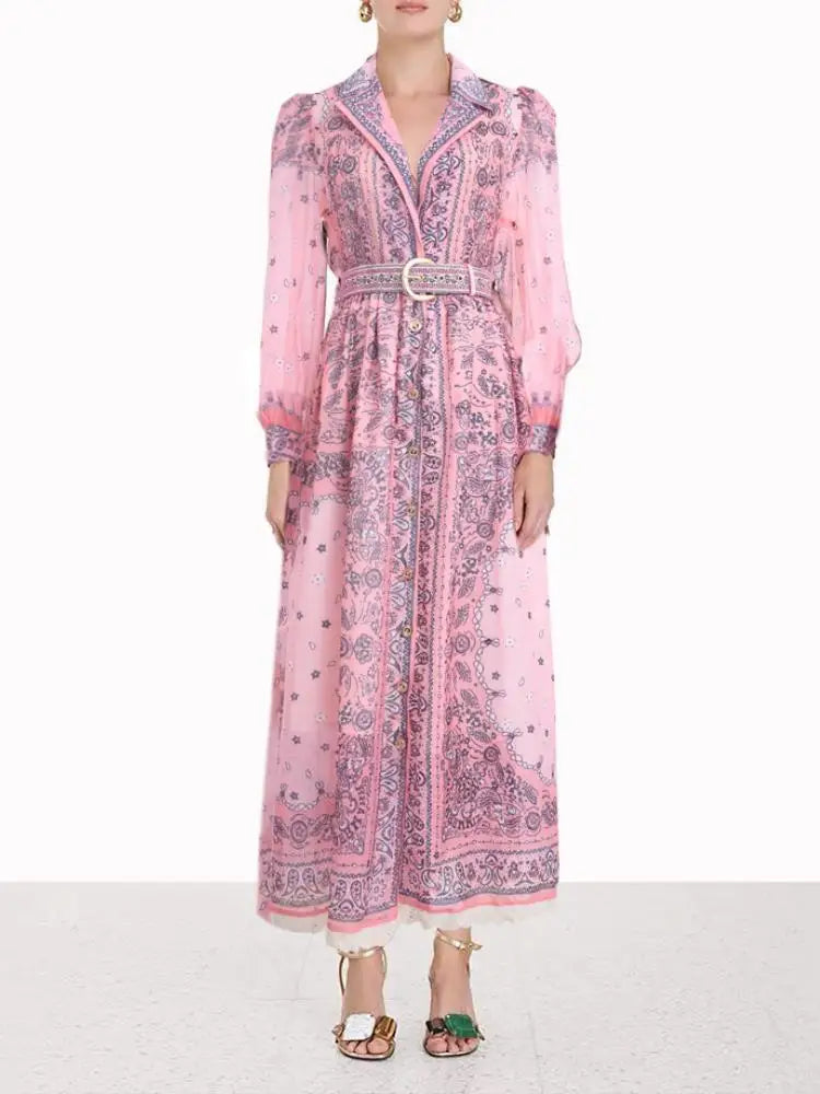 Heidi-Mode | Sommer Jahrgang für Frauen Print Kleider Lange Ärmel Kragen Ein-Knopf Chiffon Kleid Hohe Taille Neu Luxus Damenbekleidung