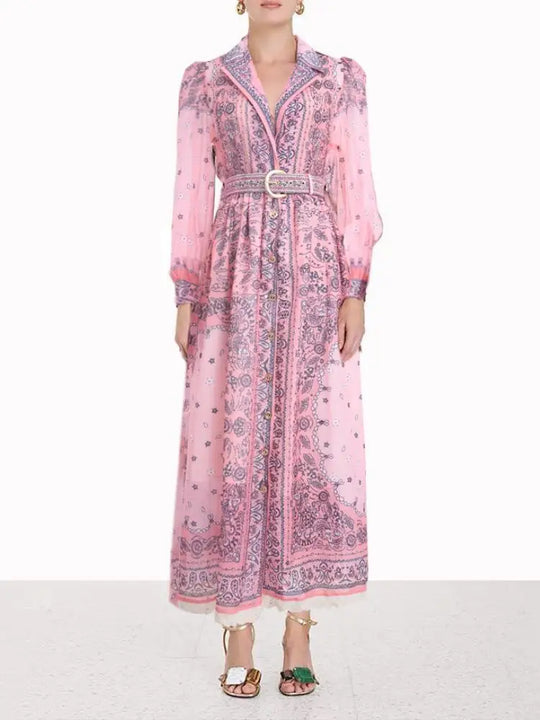 Heidi-Mode | Sommer Jahrgang für Frauen Print Kleider Lange Ärmel Kragen Ein-Knopf Chiffon Kleid Hohe Taille Neu Luxus Damenbekleidung