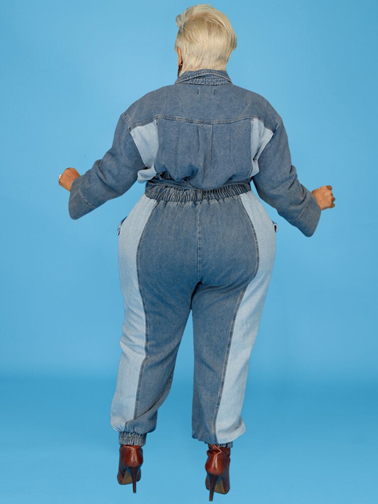 Heidi-Mode | Lockerer Denim Jumpsuit mit langen Ärmeln in Übergröße