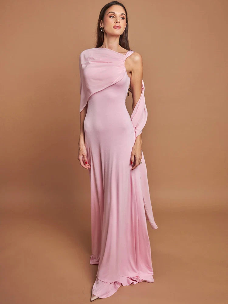 Heidi-Mode | Pink Cape Sleeve Sexy Maxi Kleid für Frauen Off Shoulder Rückenfrei Gown Elegant Schrägkragen Schnürung Lang Kleid Vestido