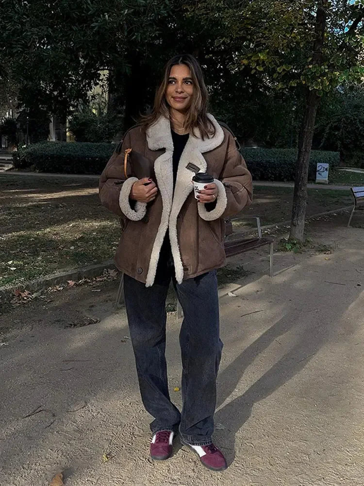 Heidi-Mode | Luxuriöse Pilotenjacke mit Wollfutter Faux Wildleder und Fleece Warm und Stilvoll