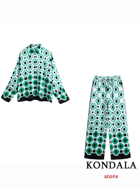 Heidi-Mode | Geometrischer Druck Vintage Frauen Anzüge Herbstmode Übergröße Lange Blusen und Hohe Taille Breite Bein Hosen Frauen Set
